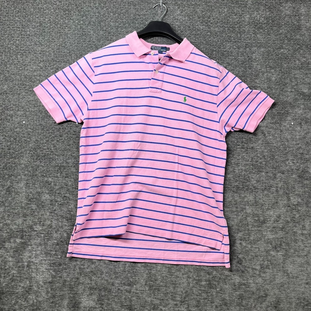 VTG Polo Ralph Lauren Polo Shirt Men's Pink Blue Striped Pony Logo Classic - XL